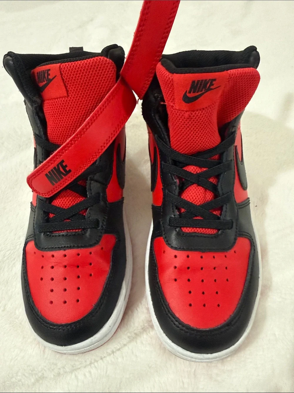Nike Kids Red and Black High-Top Sneakers with Velcro Strap
